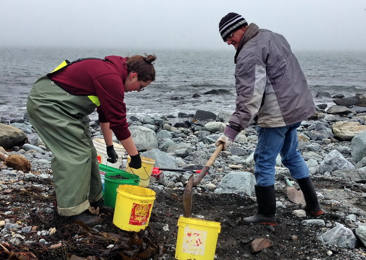 Silver and Mike getting beach gravel - North Brother, April 28, 2017 - Ted D'Eon photo
